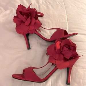 Sexy Red Satin Size 7.5 heels with satin flower on ankle. Sexy Sexy Sexy.